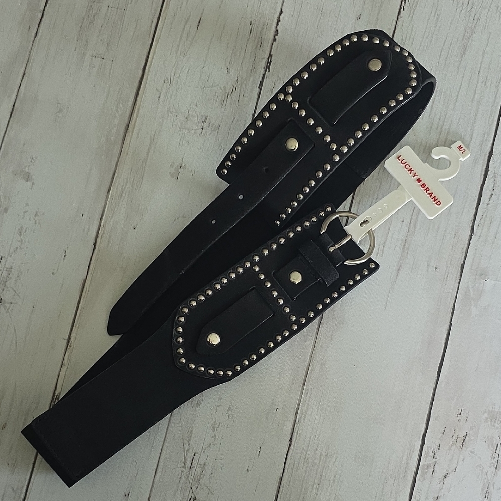 Lucky Brand Black Leather Studded Waist Belt with Ring Hardware